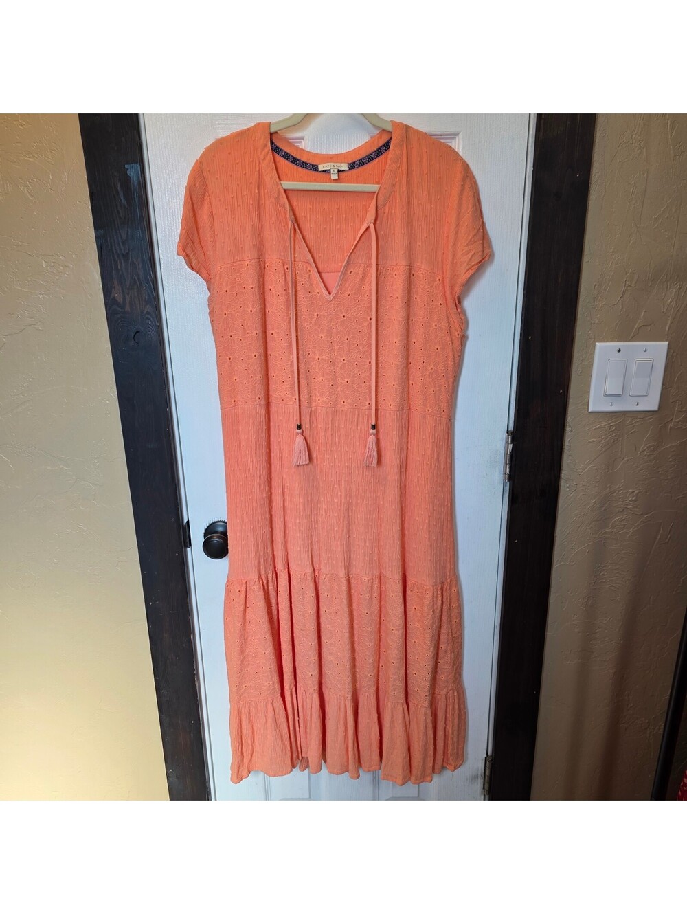 Kate & Sam Women's Coral Orange Eyelet Dress with Tassel Ties- XL - Picture 1 of 9